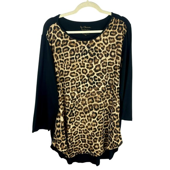 Chico's Animal Print Tunic Shirt Women 3 XL Brown Black Mixed Media Leopard - Picture 1 of 5